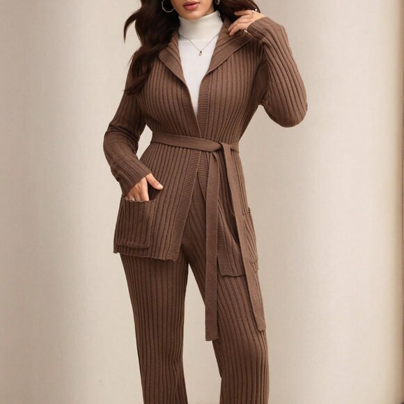 Camel Casual Women's Tie-Up Long Sleeve Knitted Cardigan And Knitted Pants Set - Picture 4 of 8